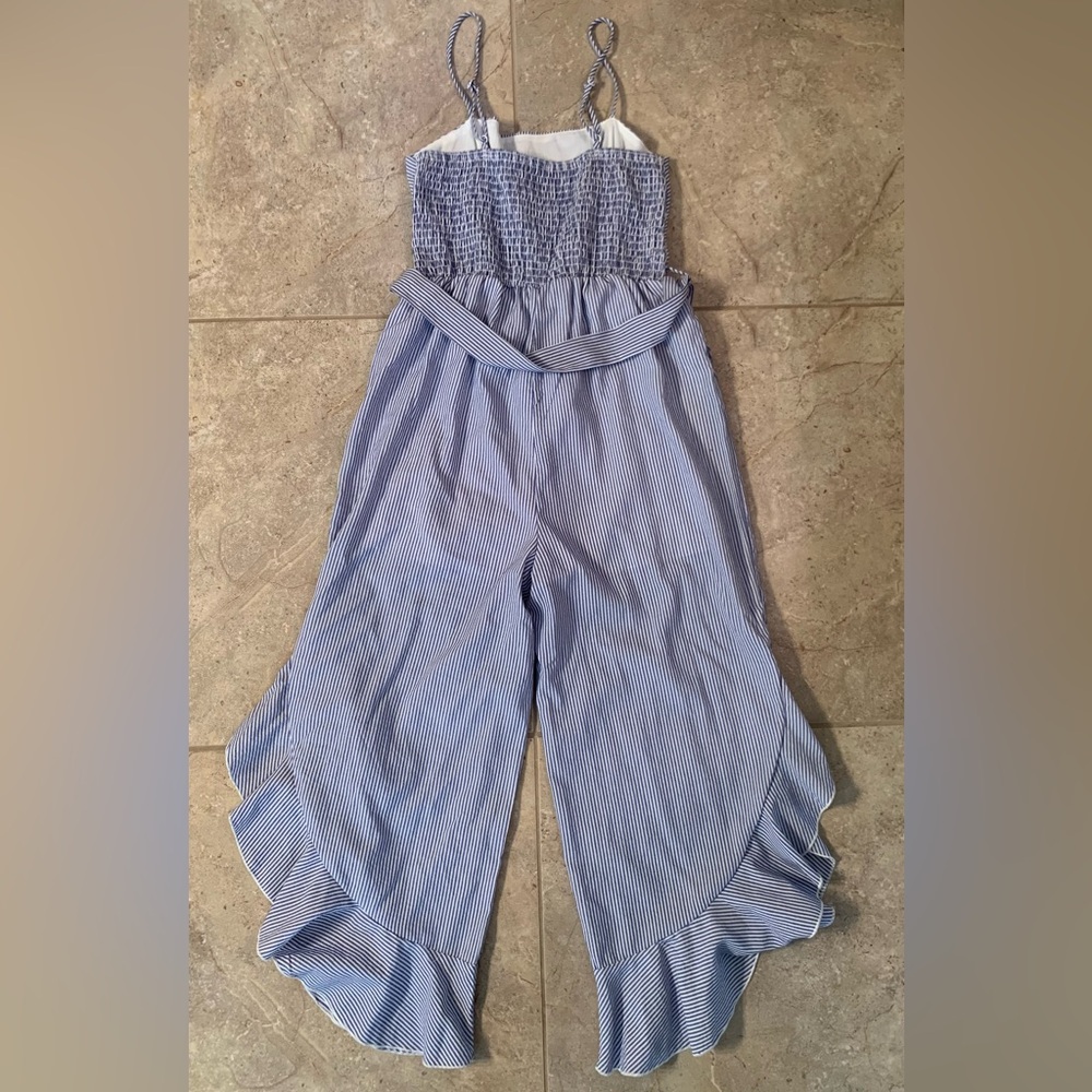Purple Snow Striped Blue White Jumpsuit with Cropped Ruffle Hem - Size Medium - Picture 2 of 13